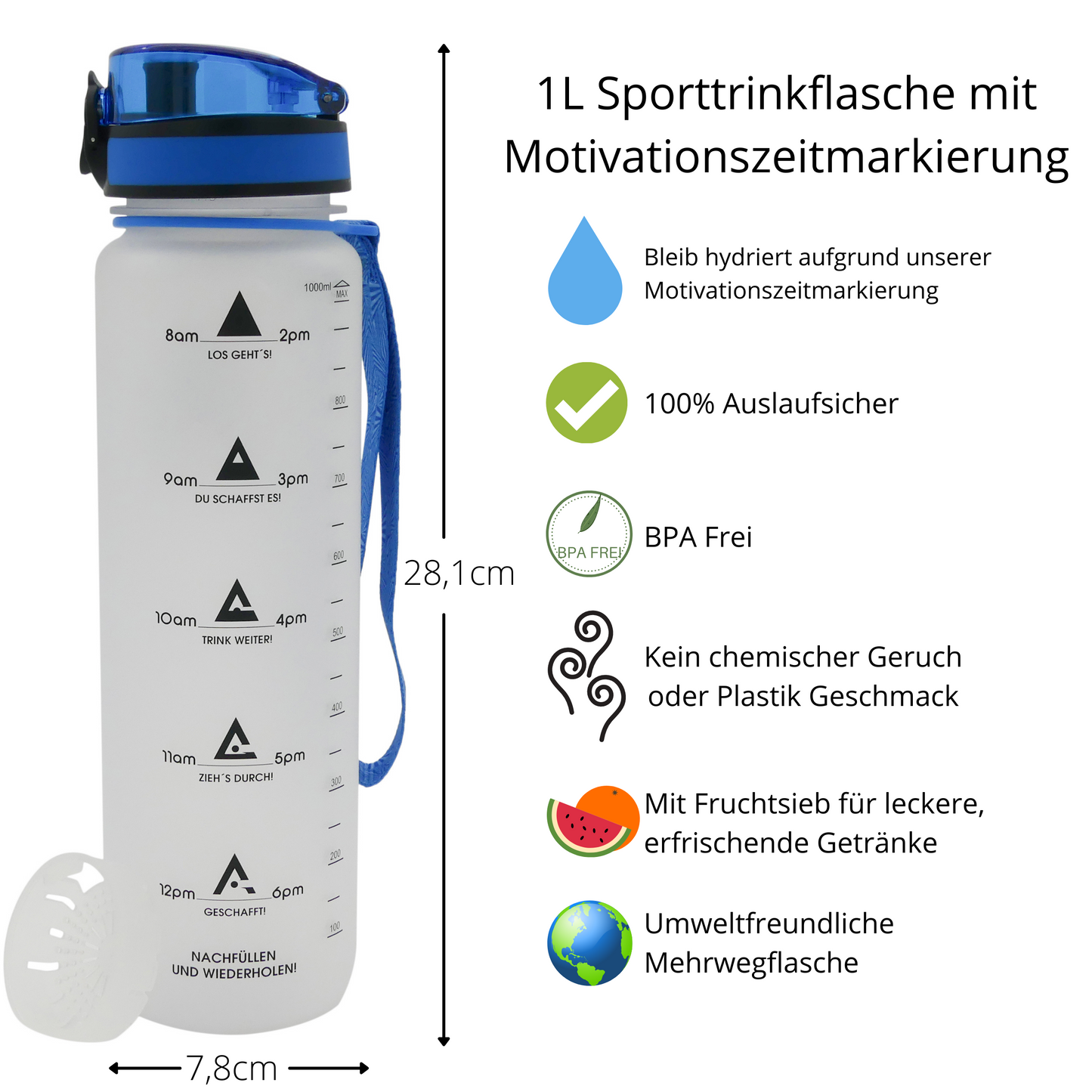 1L Motivational Water Bottle with Time Markers